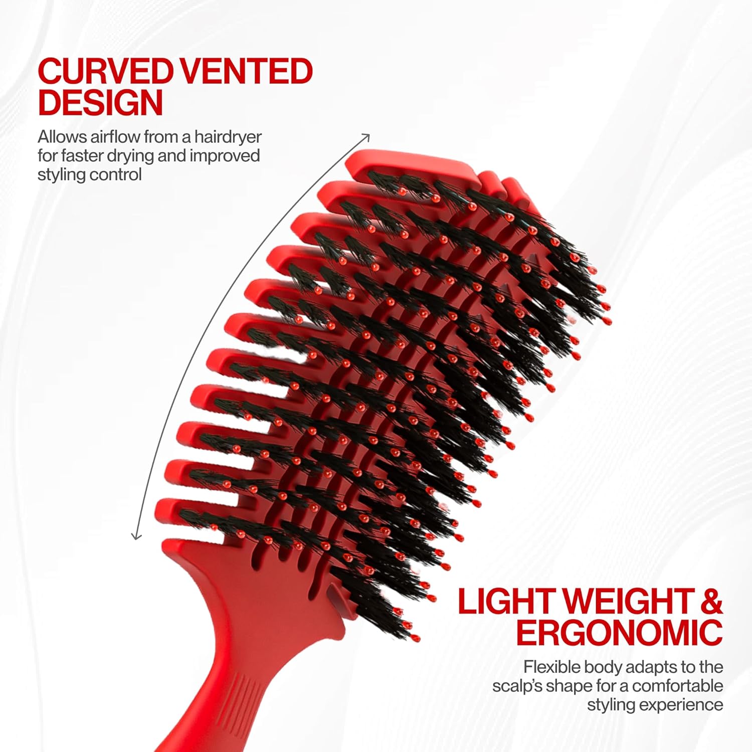 COCCO Aura Vent Boar Brush | Vented Dual-Curved Design for Faster Drying, Effortless Detangling & Shine, Boar + Nylon Bristles, Ergonomic Comfort Handle for Wet & Dry Hair Styling - Red - Image 2