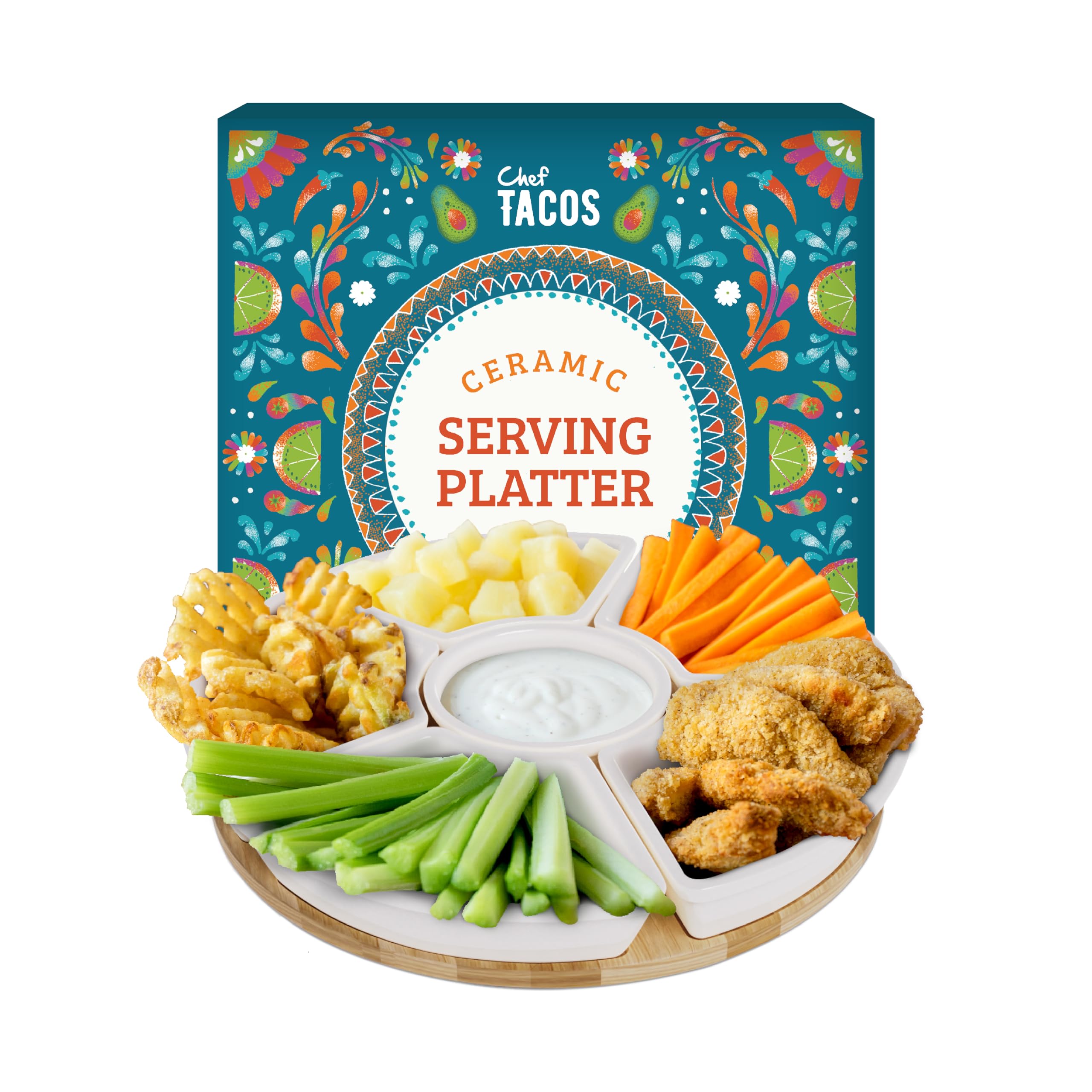 Ceramic Taco Serving Platter - Divided Serving Tray for Taco Tuesday Lazy Susan Taco Bar - Chip and Dip Serving Set for Party - Appetizer Serving Tray for Salsa, Snacks – Taco Tray 26 cm