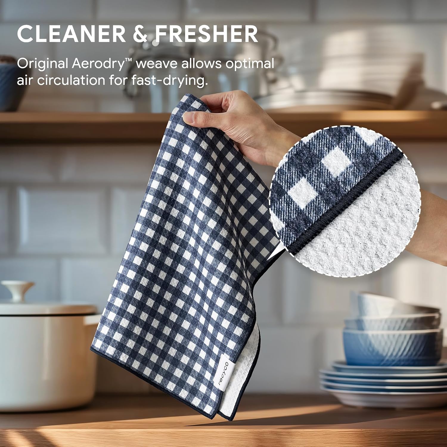 RECYCO Waffle Kitchen Towel Set of 2 - Quick Dry Microfiber Sustainable Dish Towels - Ultra Absorbent Reusable Cleaning Tea Towels - Lightweight Hand Towels,16”x 28”, Navy Blue Plaid image 4