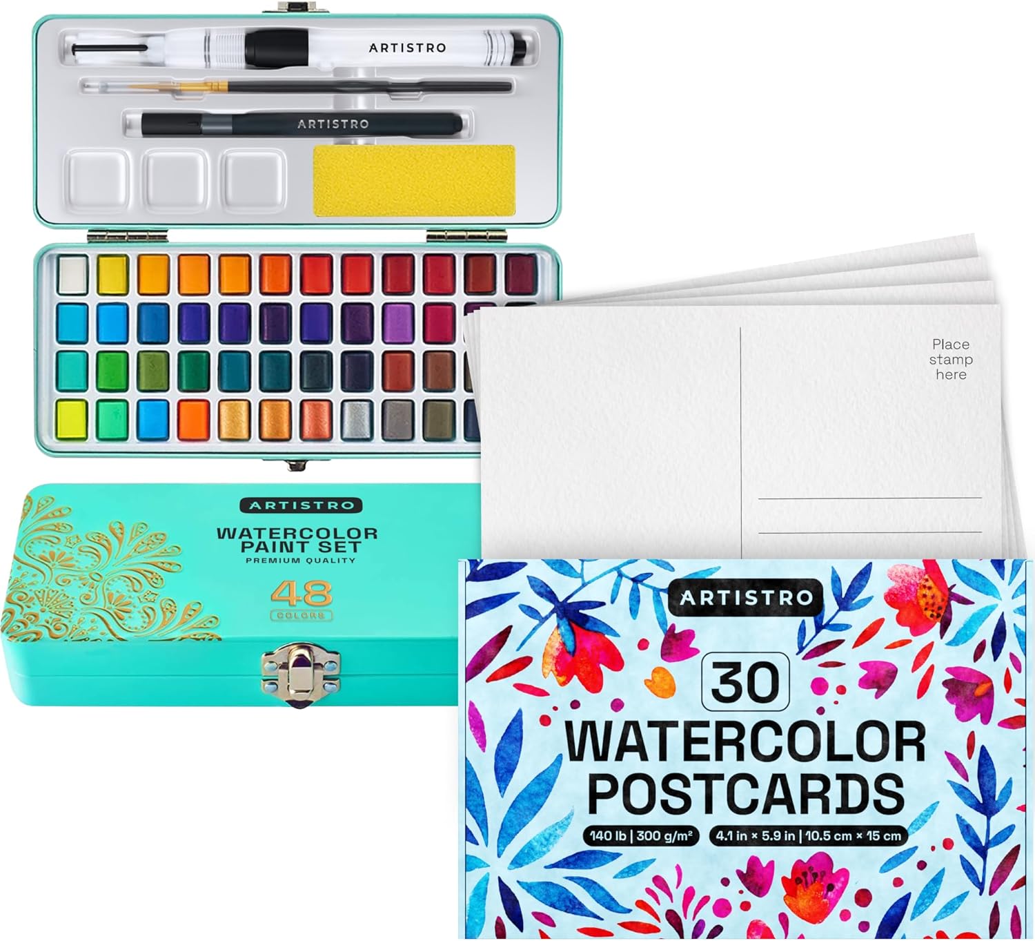 ARTISTRO Watercolor Paint Set, 48 Vivid Colors in Portable Box and 30 Watercolor