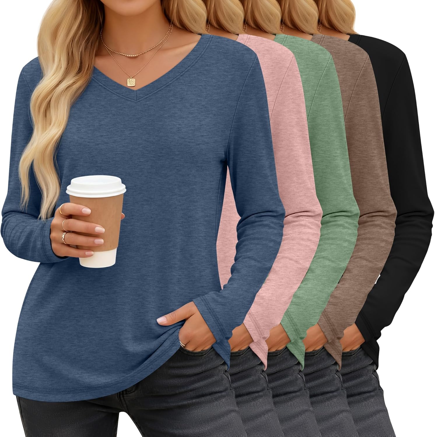 Neer 5 Pack Women's Long Sleeve Shirts, V Neck Tops Loose Fit Basic Tees Solid Trendy Fall Casual Blouses