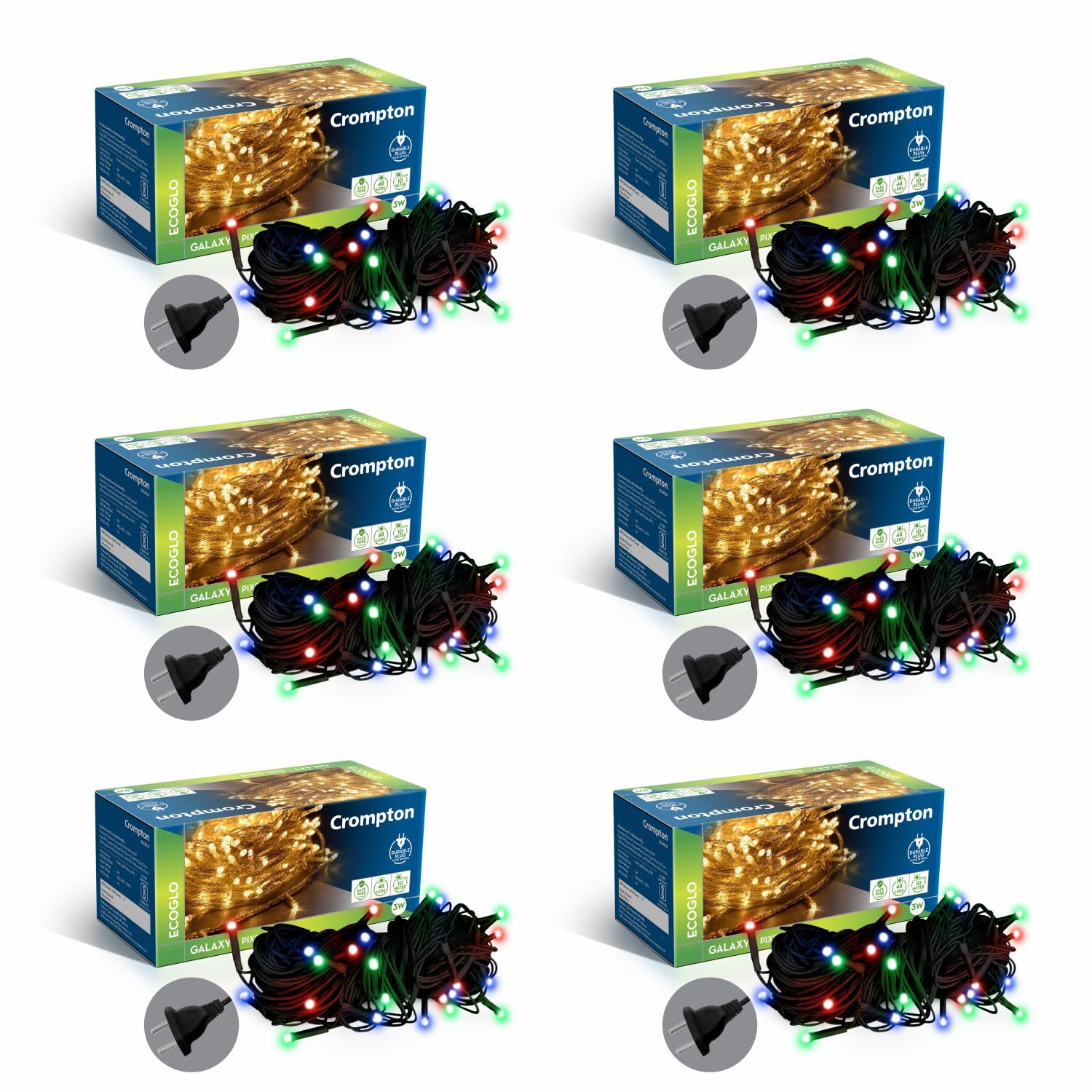 Crompton Galaxy Pixel Light | Festive Ladi Lights | 10 Meter | 48 LEDs | Multi-Colour | Pack of 6 | Direct 2-pin Plug | BIS Safe Wire | for Home Decoration, Diwali, Festival, Birthday, Marriage