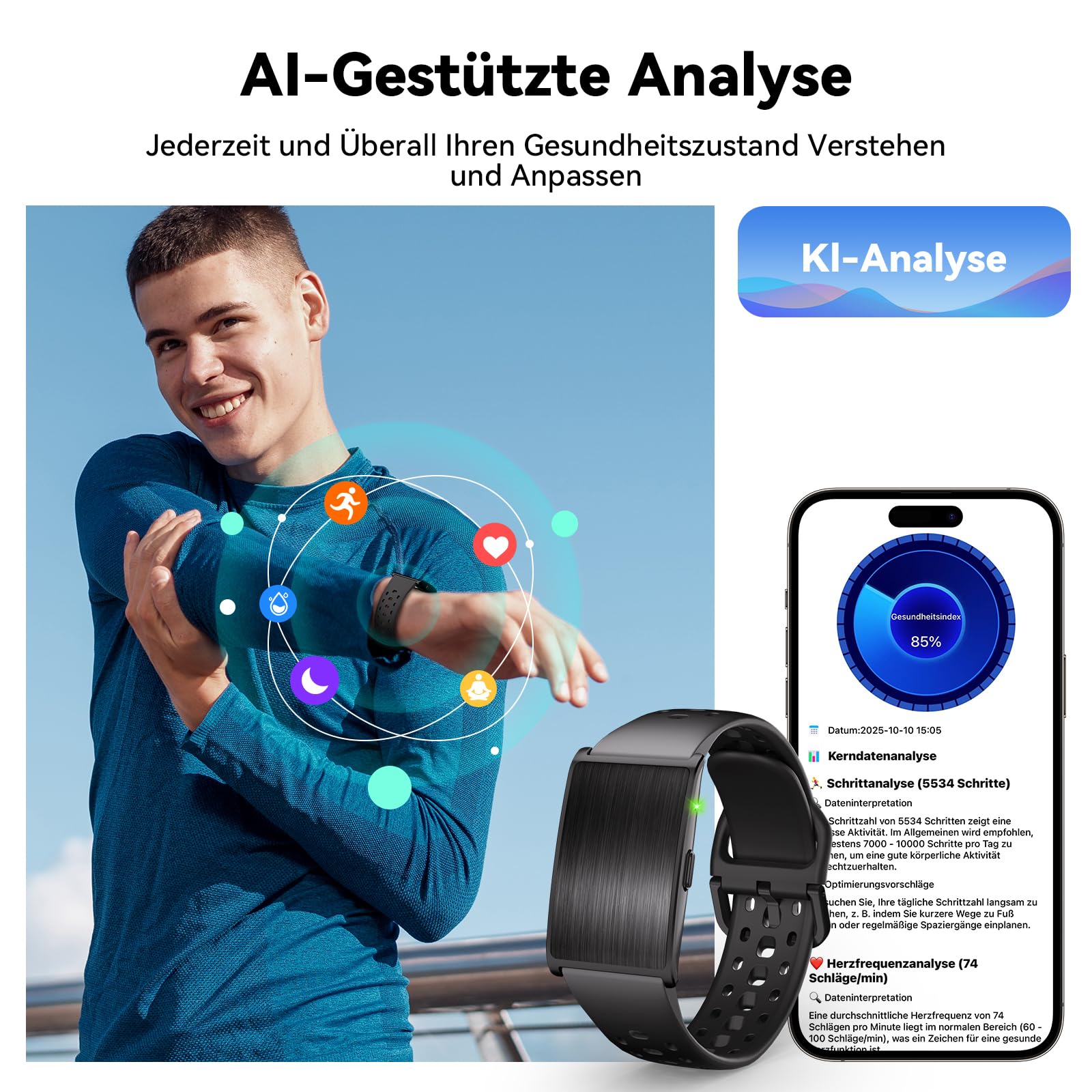Fitness Tracker Damen Herren ohne Display, Smartband Smartwatch 24/7 Aktivitäts und Schlaftracker mit Herzfrequenz mit KI-Analyse, 60 Tage Akkulaufzeit, 170+ Sportmodi, Kein ABO erforderlich