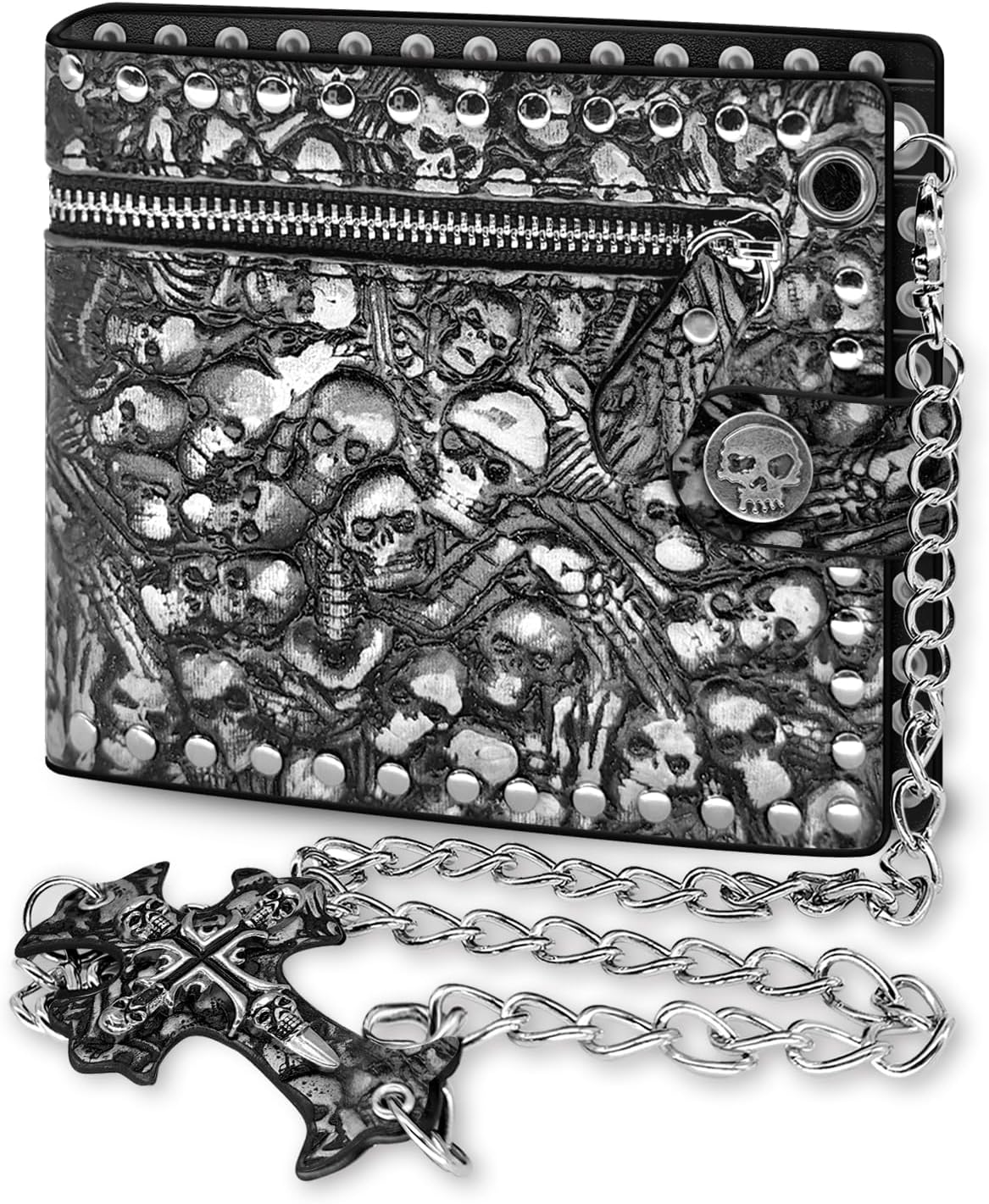 Chain Wallet Skull Gothic Punk Bifold Halloween Unisex Goth Accessories,Faux Leather-Gunmetal Black