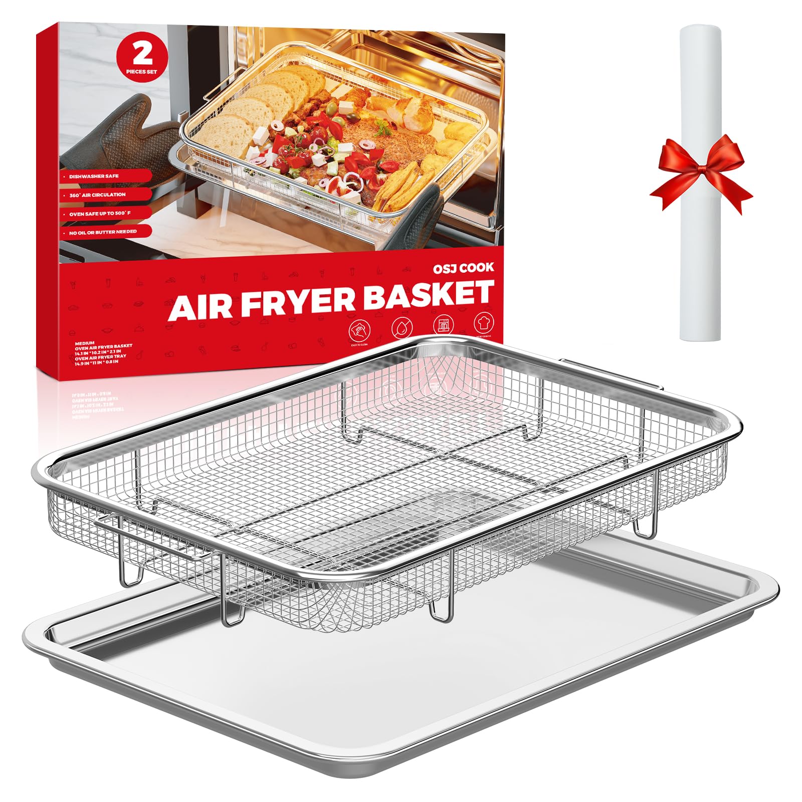 Air Fryer Basket for Oven, Air Fryer Basket and Stainless Steel Baking Tray Pant Oven Air Fryer Pan Rack for Cooking Baking Dishwasher and Broiling (