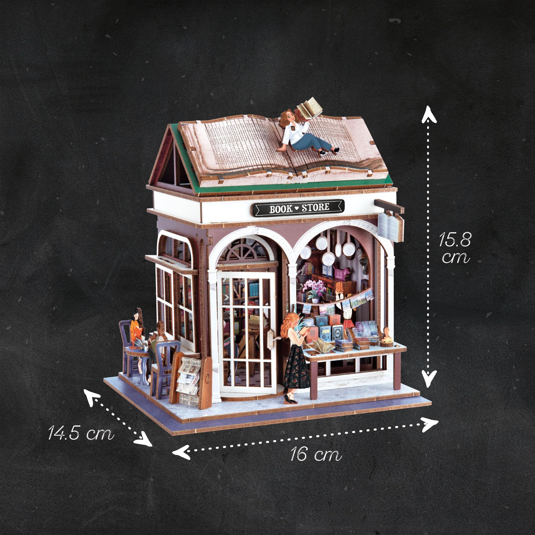 Diorama libreria - Modello di Libreria Miniatura in Legno con LED – Diorama Fai Da Te 148 Pezzi – Kit di Costruzione per Decorazione della Camera – Da 10 Anni – 14,5 x 16 x 18 cm - BUKI Francia