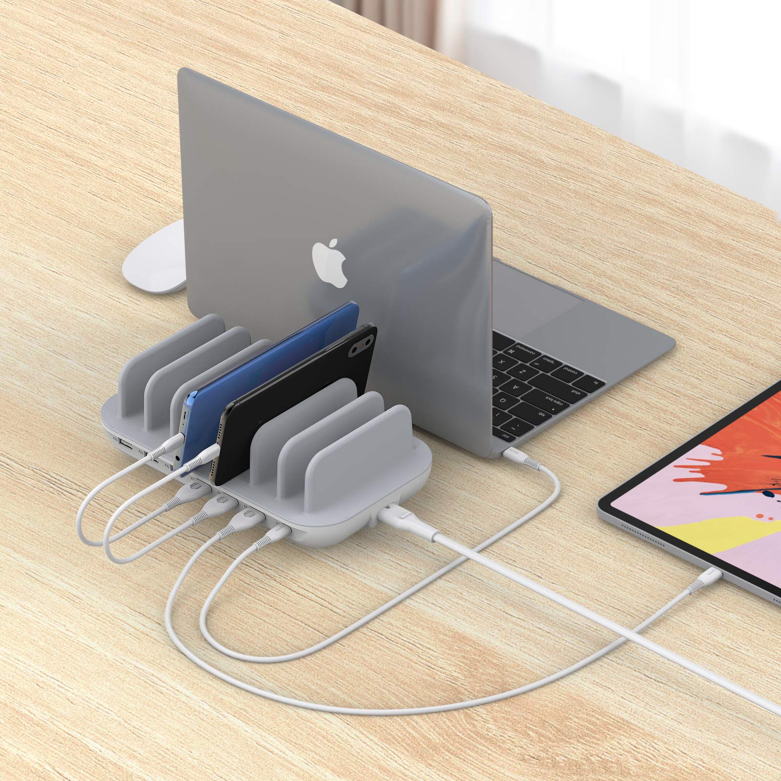 SooPii 7-portowy organizer stacji ładującej USB, 70 W, do wielu urządzeń, stacja ładująca z portem PD 30 W, do laptopów, 7 mieszanych kabli w zestawie, do telefonów, tabletów i innych (biały)