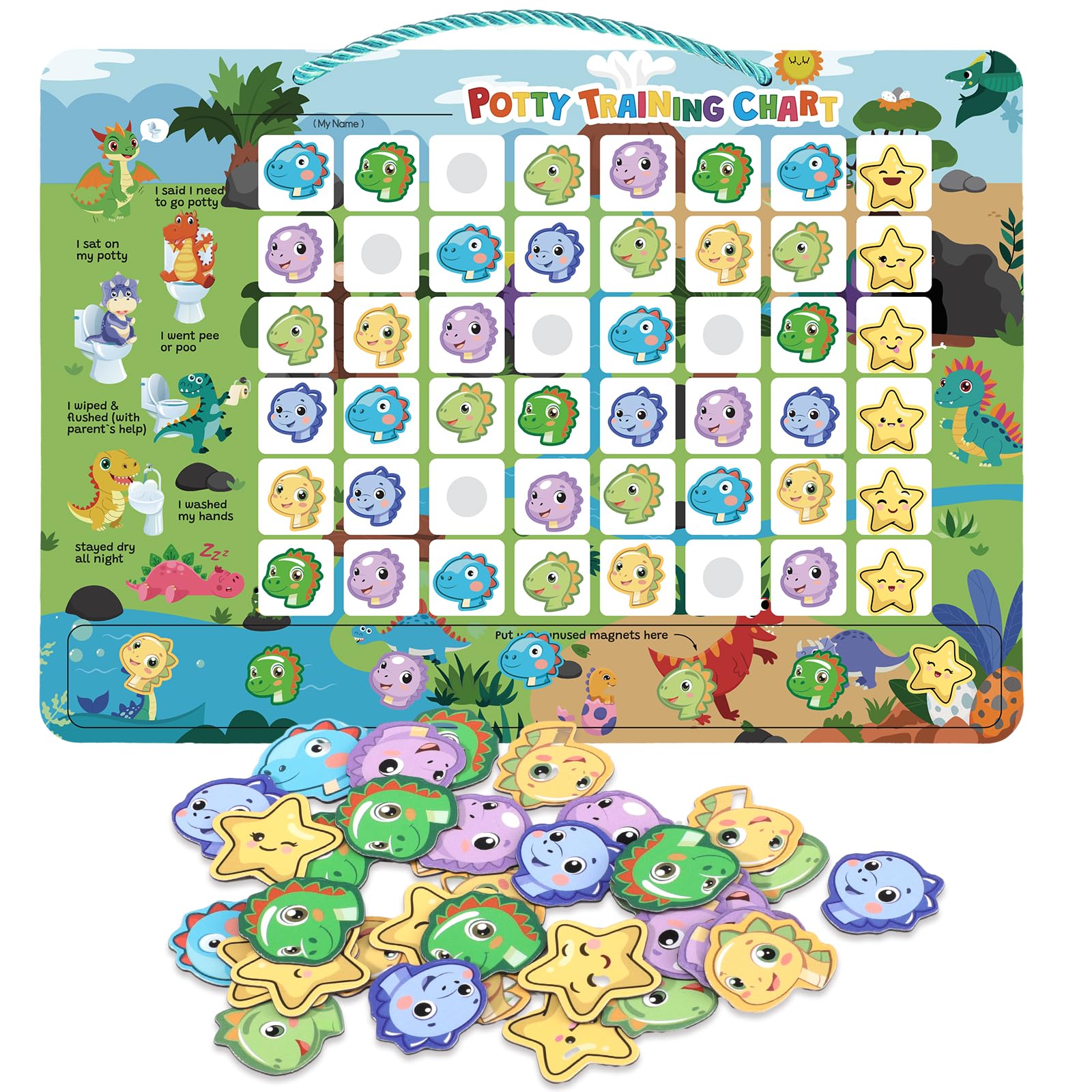 Potty Training Reward Chart, Magnetic Toilet Training Chart with 60 Reusable Magnetic Stickers, Interactive Reward Chart for Toddlers Girls Boys (Dinosaur)
