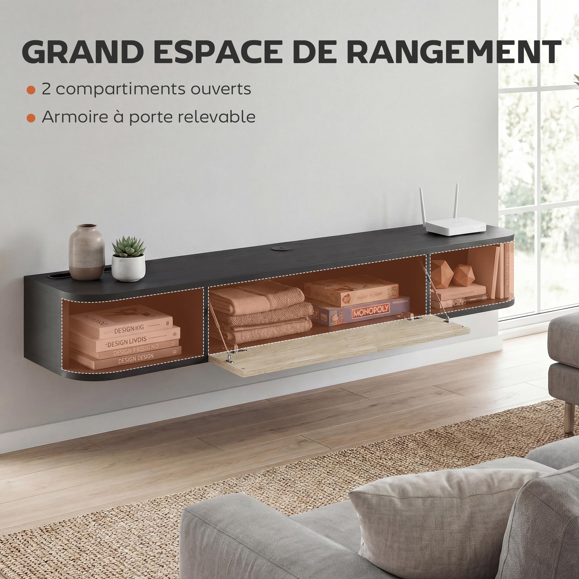 HOMCOM Meuble TV Suspendu 120 cm, Meuble télé pour téléviseur jusqu'à 50 Pouces avec Porte Rabattable, 2 Étagères Ouvertes et Passe-câbles, Banc TV Flottant pour Salon et Chambre, Noir et Chêne