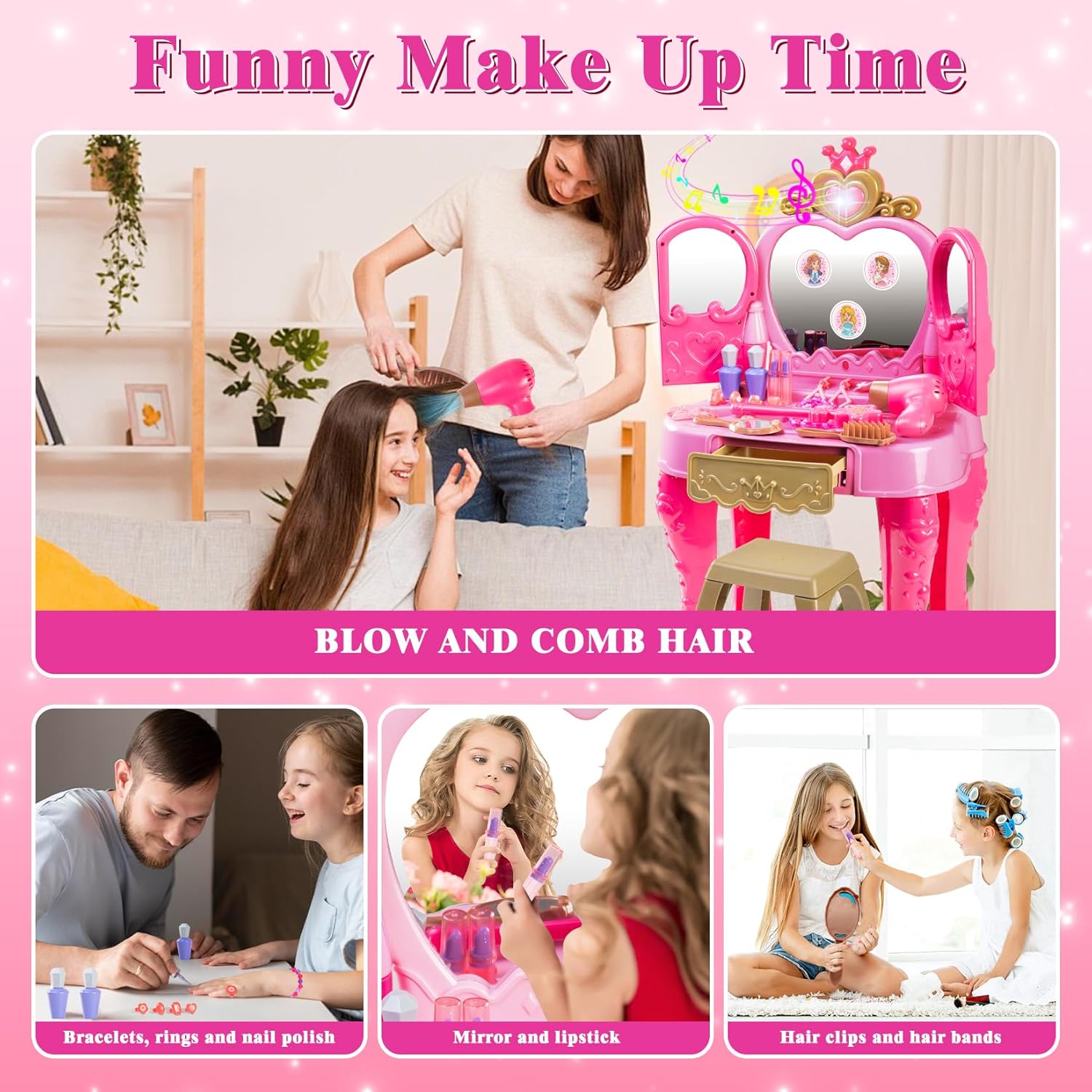 Toddler Girls Vanity Makeup Table and Kids Kitchen Playset