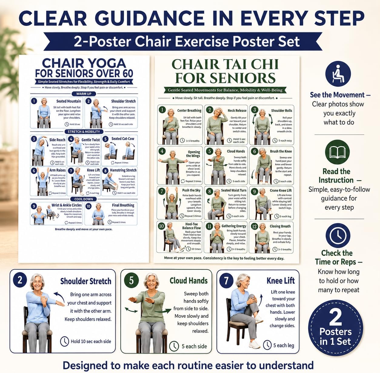 Tai Chi Chair Workout Chart, Chair Yoga for Seniors Over 60 Chart, 2 Pack 12 x 16 Inch Seated Exercise Wall Posters, 22 Gentle Movements
