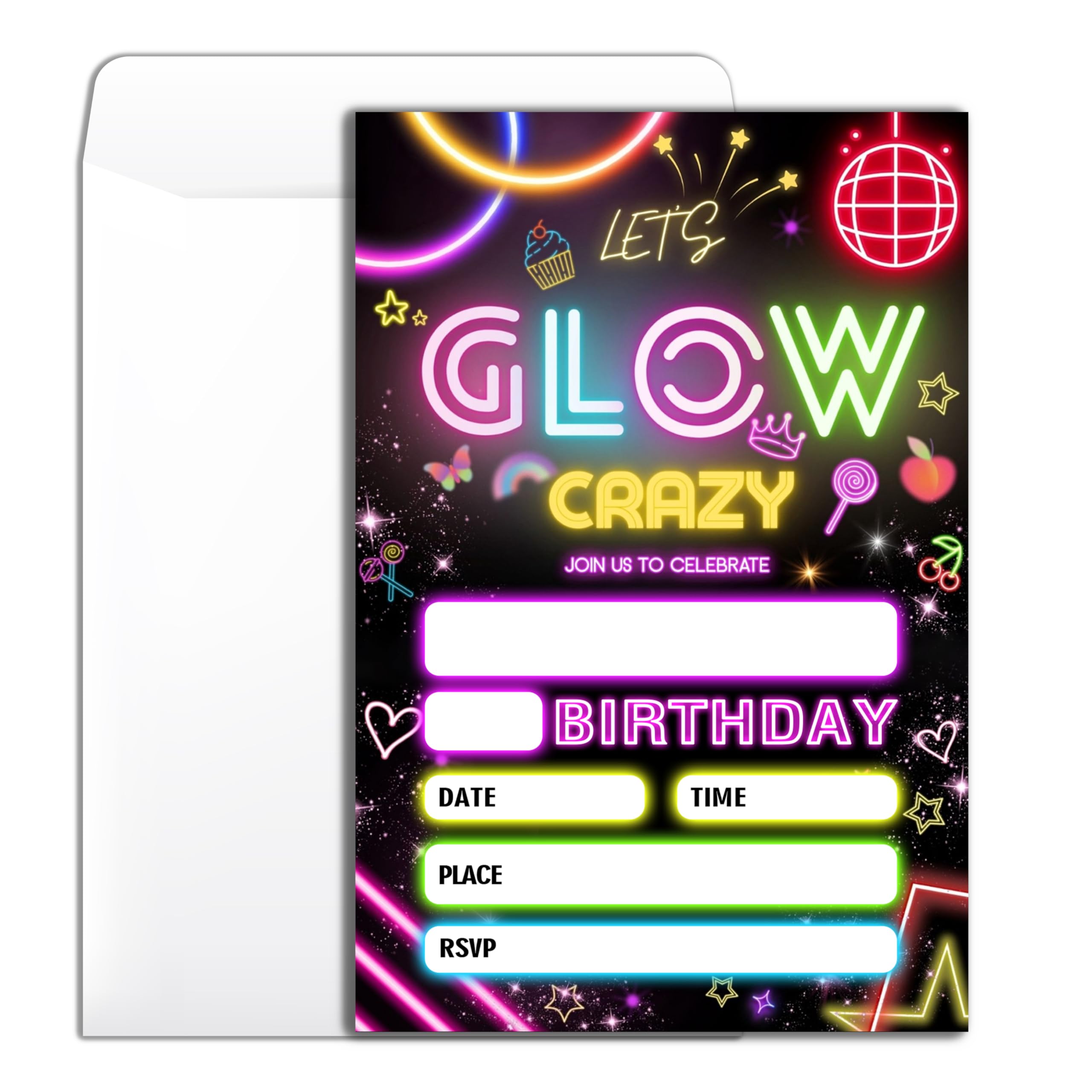Wybgno Let's Glow Crazy Birthday Party Invitation 20 Retro Neon Theme Party Birthday Invitation With Envelopes for Woman Man Boys Girls Party Invite