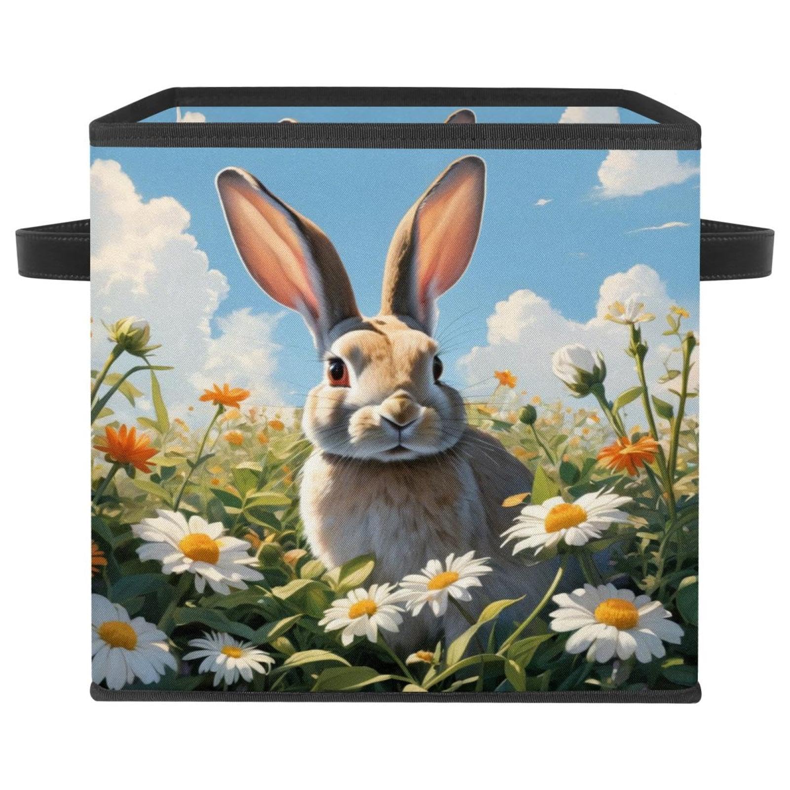 Boîte de rangement pliable en tissu avec poignées en cuir cube grand modèle motif lapin fleur