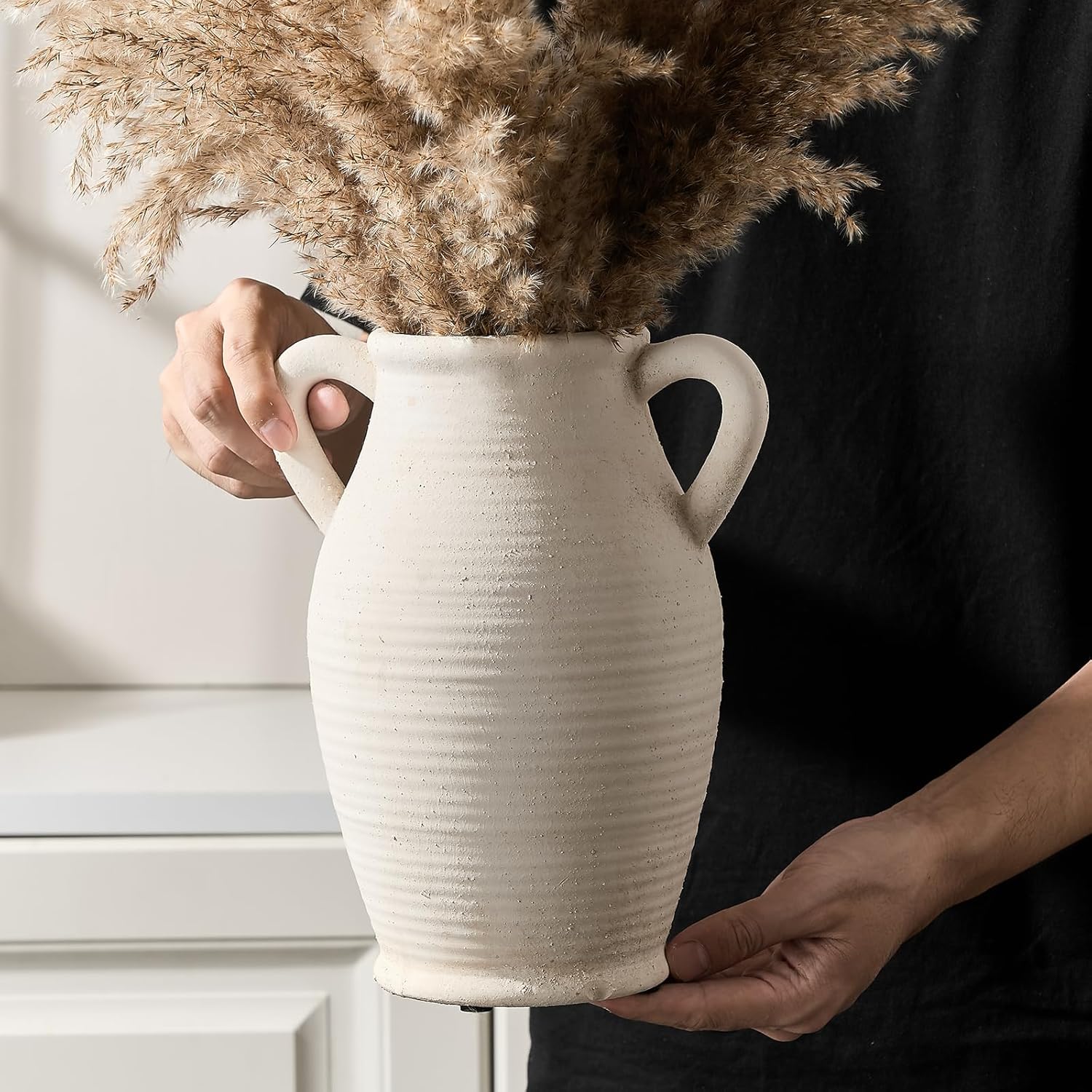 Emotionally Grounded Vase, Vaseking Large Ceramic Rustic Vase with 2 Handles, 9.8 inch Minimalist Decorative Farmhouse Tall Vases for Home Decor, Living Room, Enterway, Table Decoration, Off White - Image 3