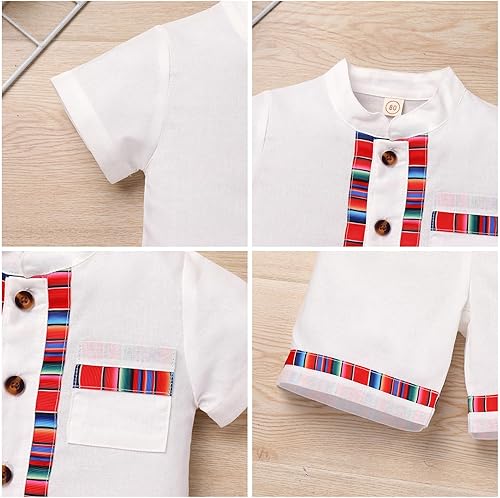 Miniatura 4 de IMEKIS Traje mexicano tradicional para niños pequeños, camisas étnicas tradicionales con pantalones cortos para fiesta de cumpleaños