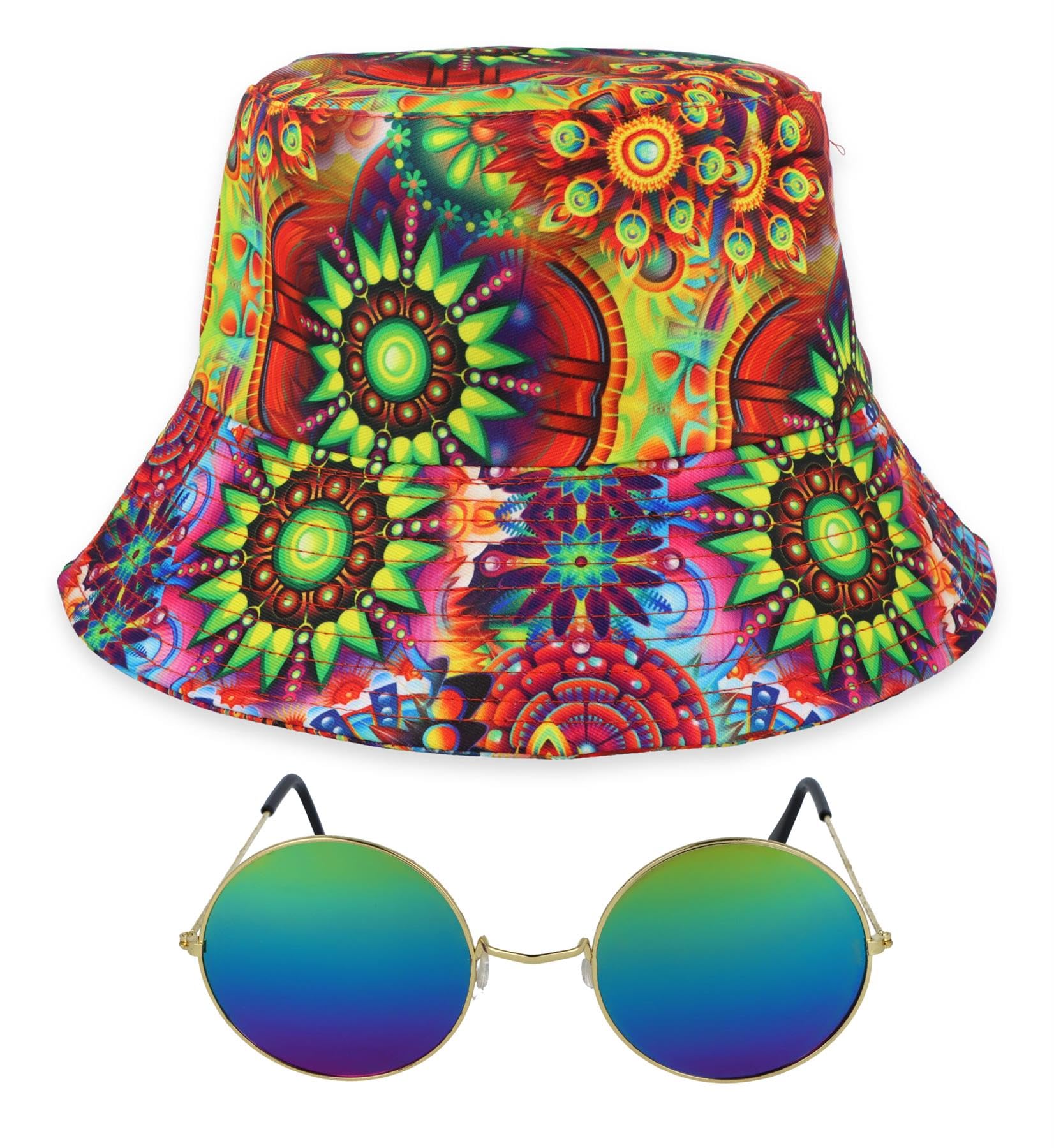 The Dragons Den Adults 1960s Hippie Bucket Hat & Glasses Psychedelic Festival Fancy Dress Costume Accessory