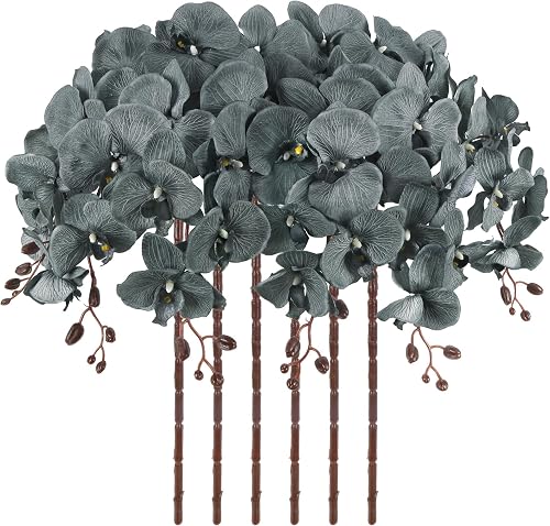 41in Artificial Orchids Fake Orchid 6PCS Velvet Silk Orchids That Look Real Long Stem Artificial Flowers for Tall Vase for Home Party Fall Halloween Décor (Gray)