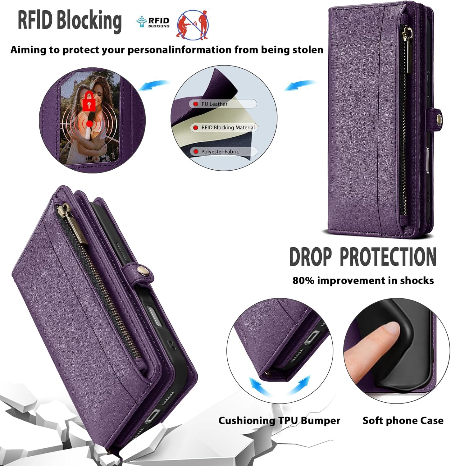 Compatible with iPhone 17 PRO MAX Wallet Case,RFID Blocking PU Leather Phone Case Women Men Kickstand flip Cover Wrist Strap Zipper Credit Card Holder Slots for Apple 17 PRO MAX,Purple