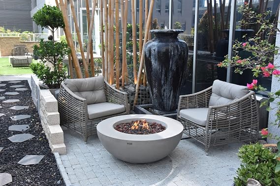 Elementi Lunar Bowl Fire Pit Bundle Outdoor Firepit Set Includes 42 Propane Concrete Firepit, Glass Windscreen, Stainless Steel Cover, Tank and Canvas Cover, Floor Mat, Ice Bucket