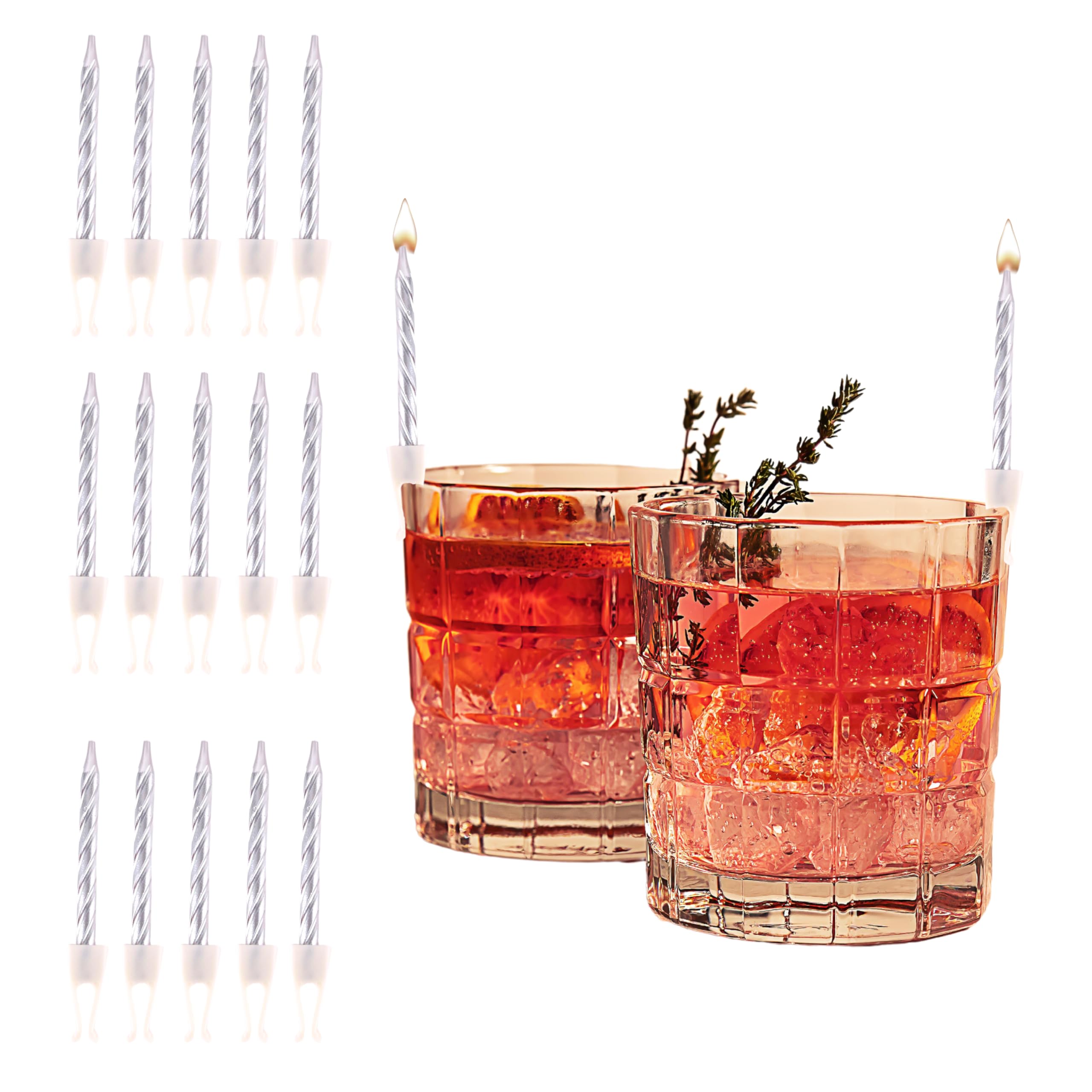 Celebration Birthday Candle Clips | Party Favors for 21st, 40th, Birthdays, New Years and More! | Unique Fun Beer Cup Shot Glass Champagne Toast Candles (Silver, 1 Pack (15 Candles))