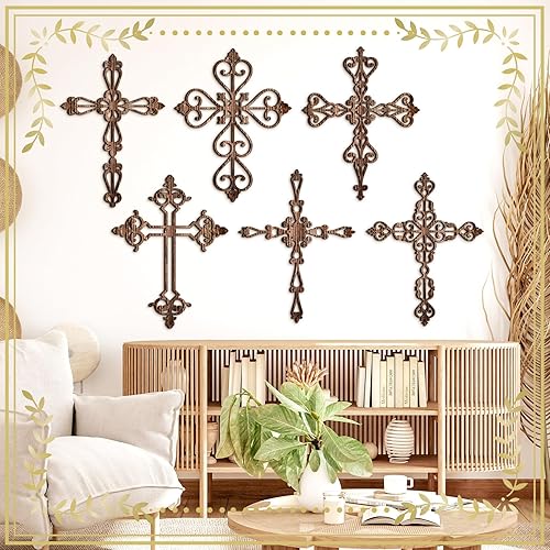 Miniatura 6 de Soaoo 6 piezas de cruz de madera para colgar en la pared, cruz religiosa antigua decoración de pared, cruces de pared talladas a mano para