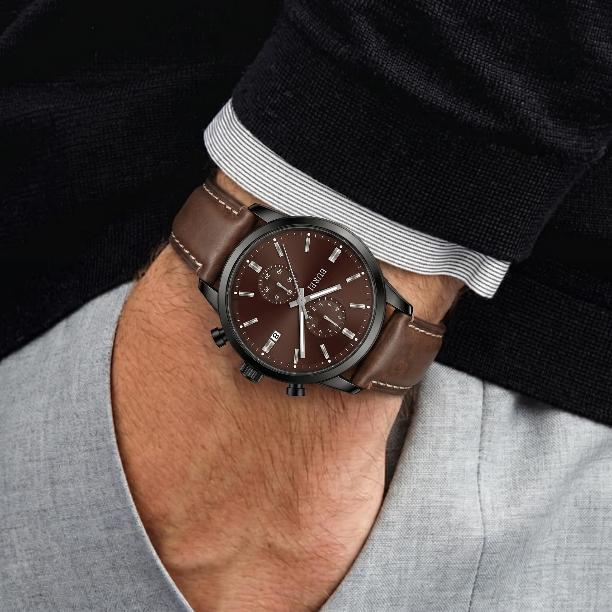 BUREI Orologi da uomo cronografo giapponese al quarzo impermeabile orologio da polso uomo cinturino in pelle business casual sport data orologio per uomini