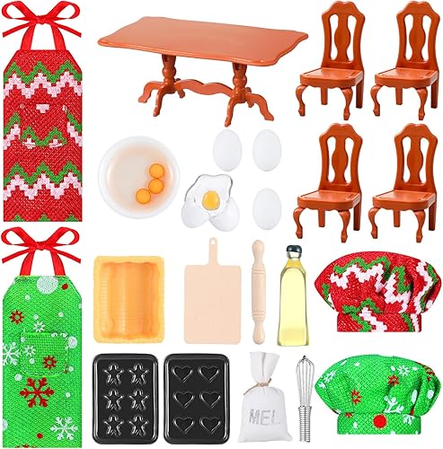 Liliful El juego de 23 accesorios de muñeca de Navidad incluye delantal de panadero en miniatura, sombreros de chef, rodillo, batidor, huevos,