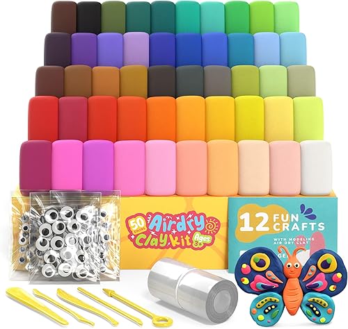 Arcilla seca al aire para niños y adultos - Kit de arcilla mágica para modelar 50 colores vibrantes, 100 ojos saltones y material suave y seguro,