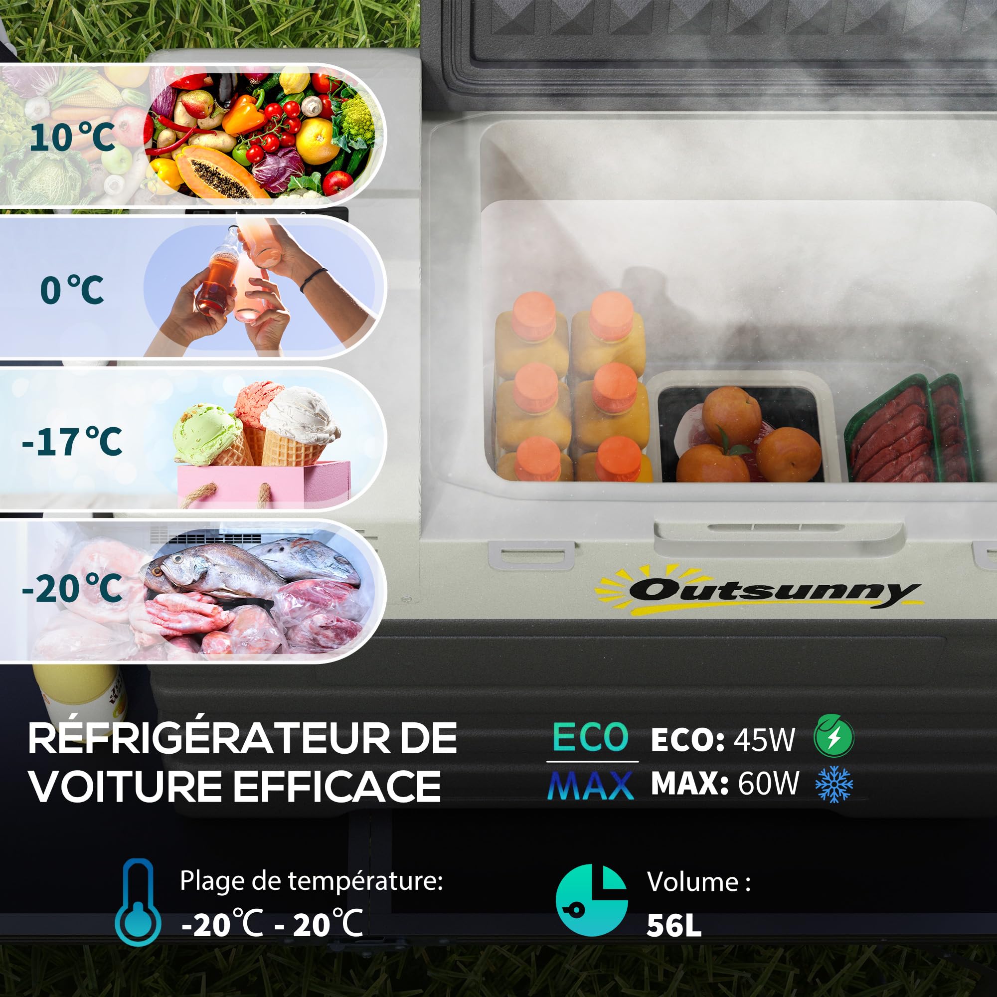 Outsunny Glacière électrique à compression 56L, glacière voiture portable 12/24V et 100V-240V, modes ECO/MAX, tige télescopique et roulettes, pour maison, camion, camping, camionnette, bateau, noir
