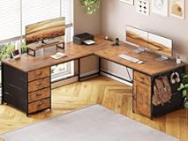 L Shaped Desk&comma; 63" Computer Desk with 5 Drawer & Power Outlet&comma; Long Home Office Desk or Corner Desk&comma; L Shaped Corner Desk with Monitor Shelf&comma; Storage Cabinet&comma; Rustic Brown