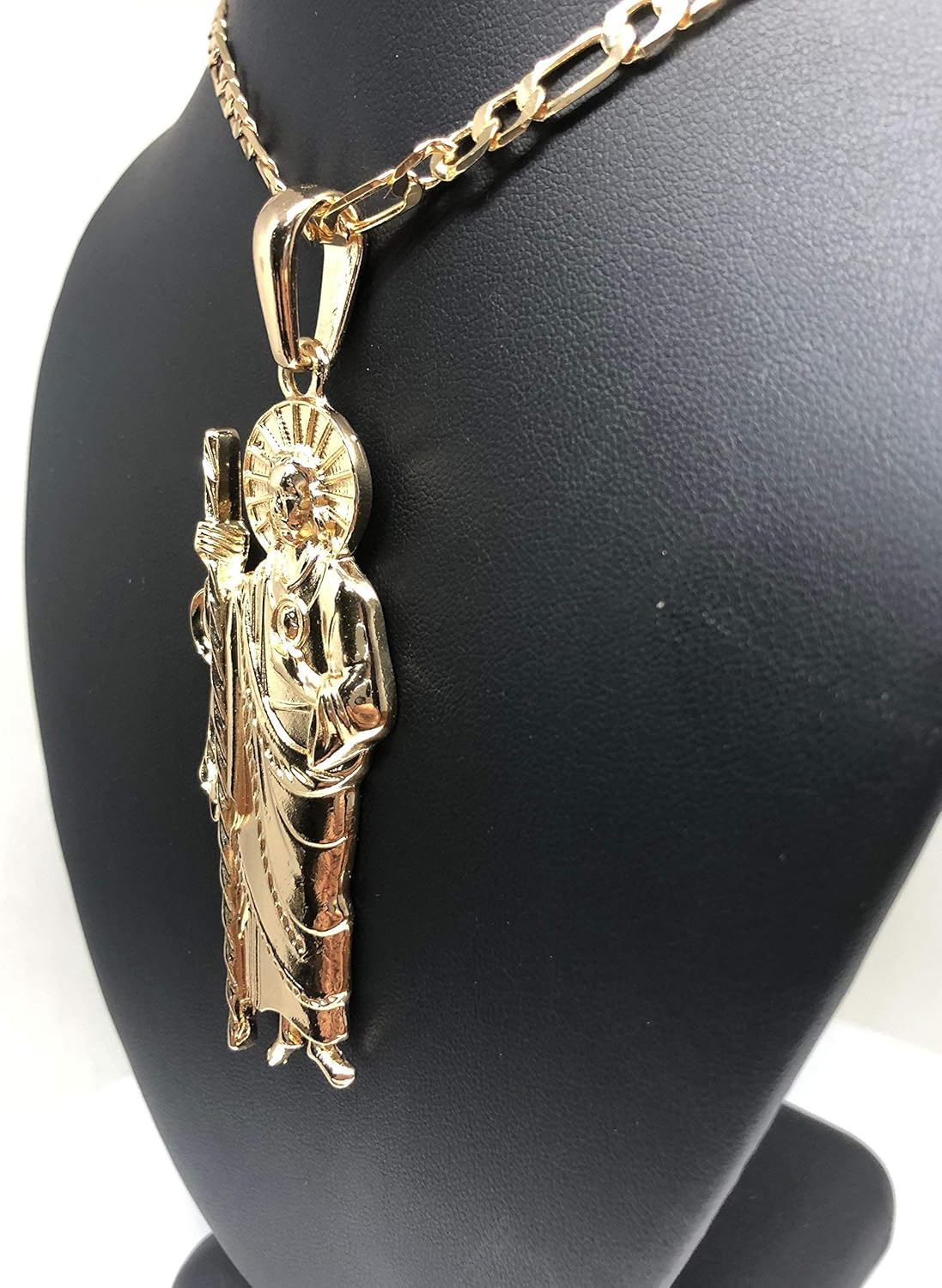 Miniatura 6 de Fran & Co. Jewelry Collar con colgante de San Judas grande chapado en oro Figaro 26" San Judas Tadeo Medalla XL Cadena Oro, Metal