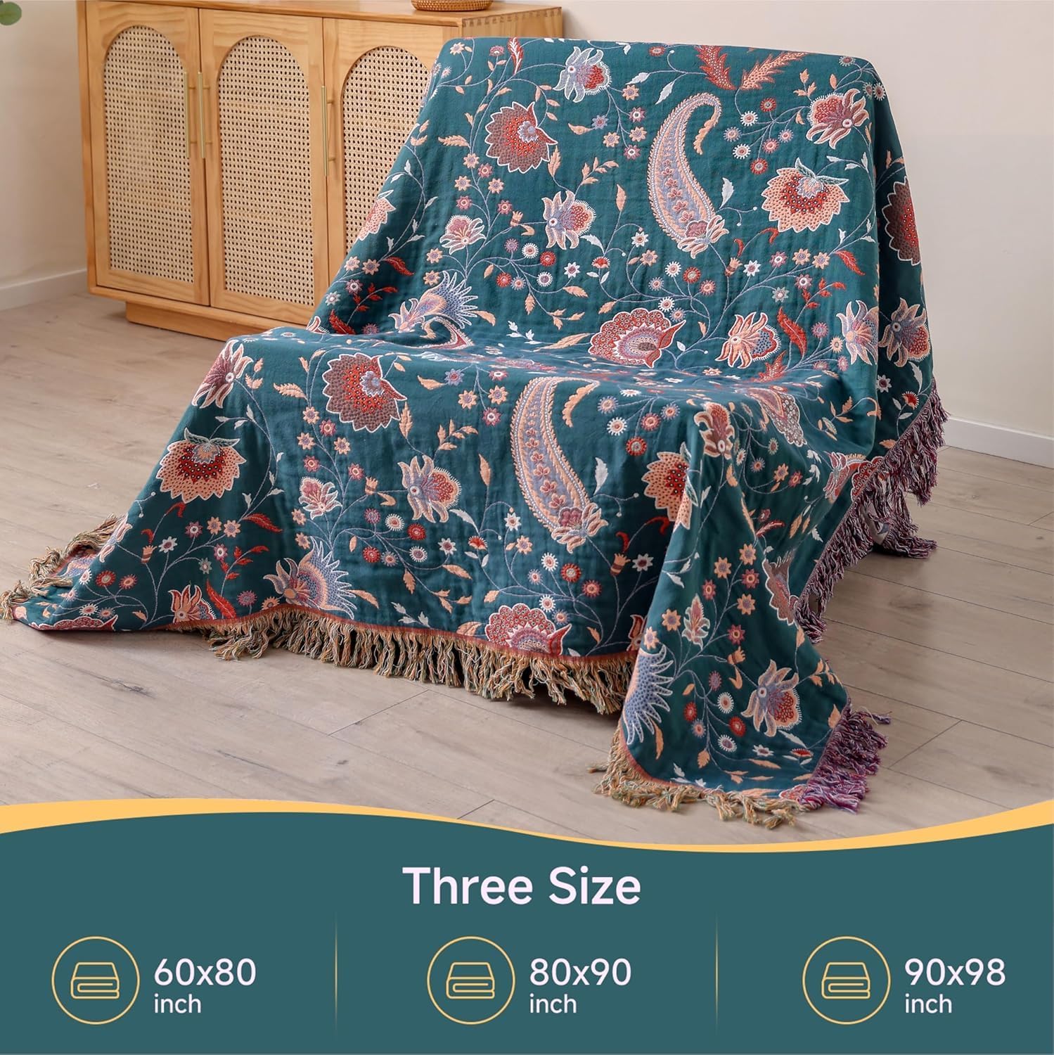 Boho Throw Blanket for Bed,100% Ultra Cotton Soft Breathable Bed Throw Floral Printed Farmhouse Decor Rustic Bed Throws for Couch Sofa Quilt White Flowers 60" x 80" - Image 6