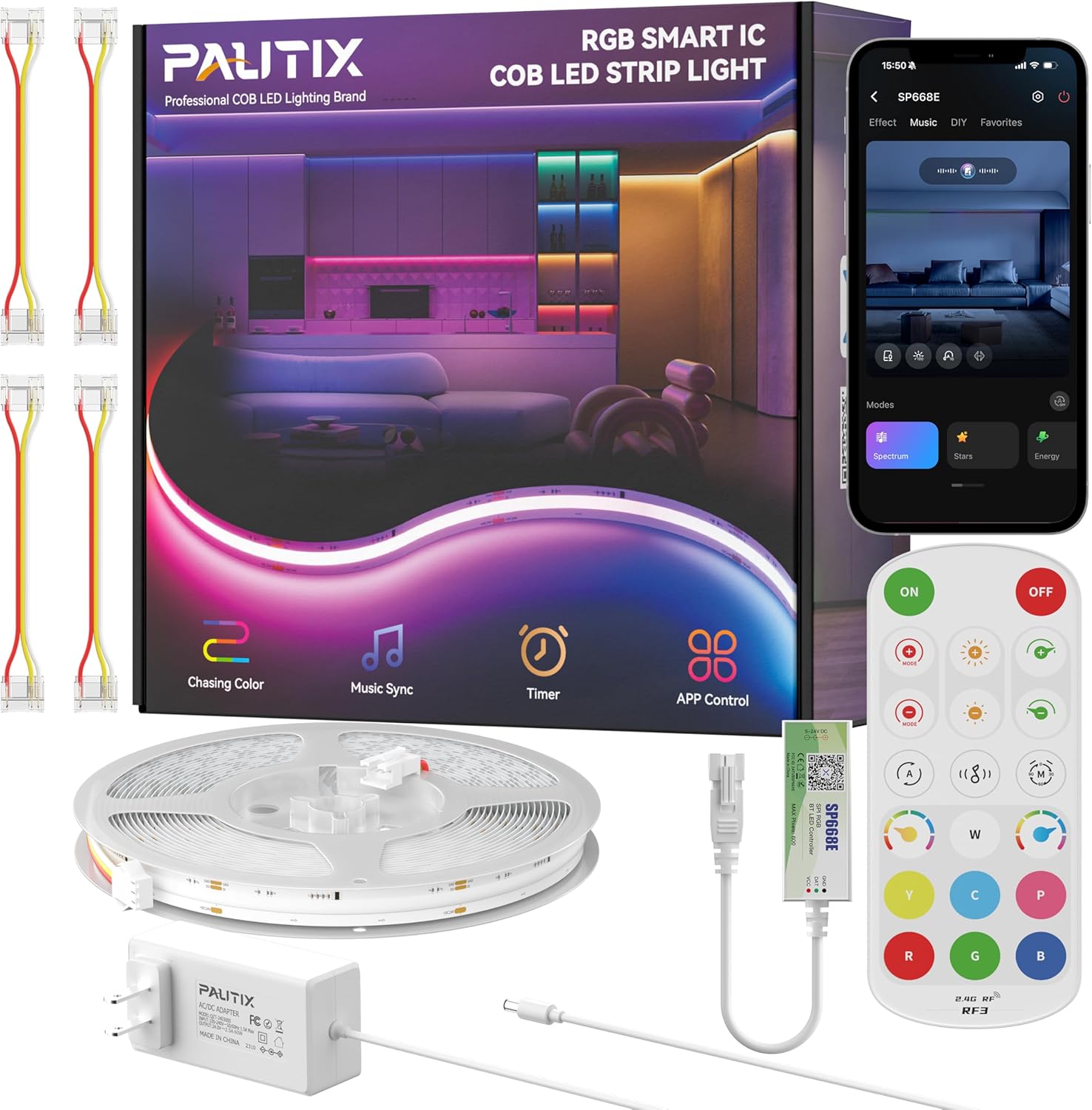 PAUTIX COB LED Strip Lights Pro, UL-Listed RGB Smart IC Chasing Color Addressable COB LED Tape Light, Music Sync Flexible RGB LED Lights, Smart Strip Light, for Party, Bedroom, Color Changing, 20ft
