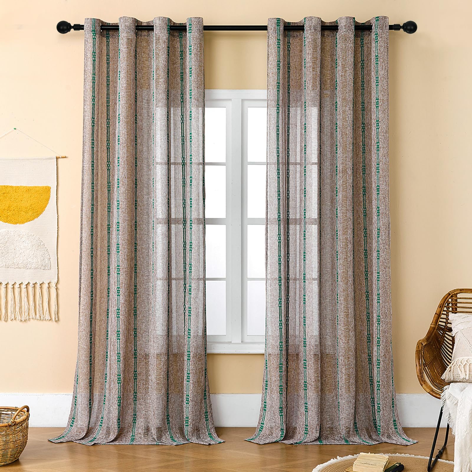 Estelar Textiler Brown Linen Textured Embroidered Curtains 84 Inch Length 2 Panels Set for Bedroom, Light Filtering Grommet Semi Sheer Boho Curtains & Drapes for Living Room, 52Wx84L, 2 Panels