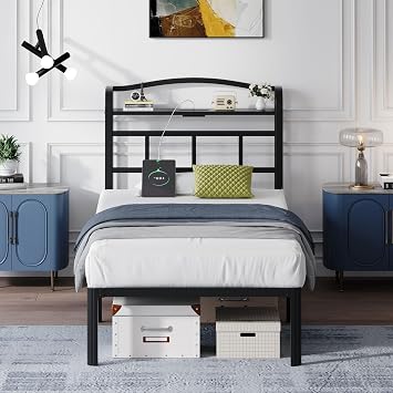 SHOANED 14 Inch Metal Bed Frame - Twin Size Black Heavy Duty Bedframe Platform Basic Mattress Foundation with Headboard & Charging Station No Box Spring Needed/Easy Assembly/Noise-Free