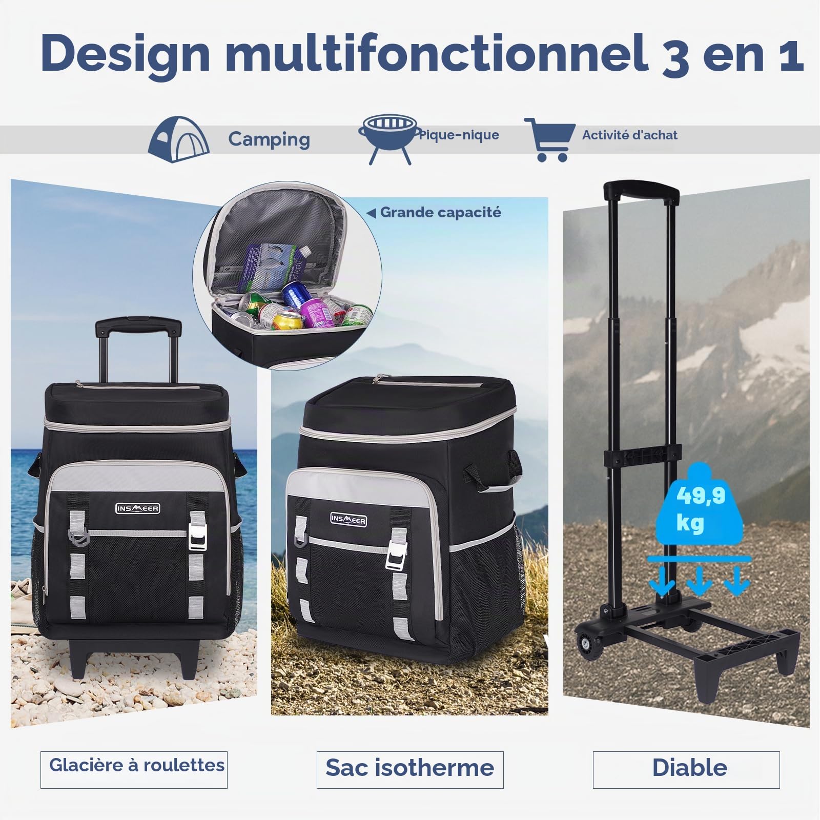 Sac isotherme à roulettes 50 L/80 canettes - Grand sac isotherme pliable et imperméable - Pour la plage, le camping, le pique-nique, le shopping
