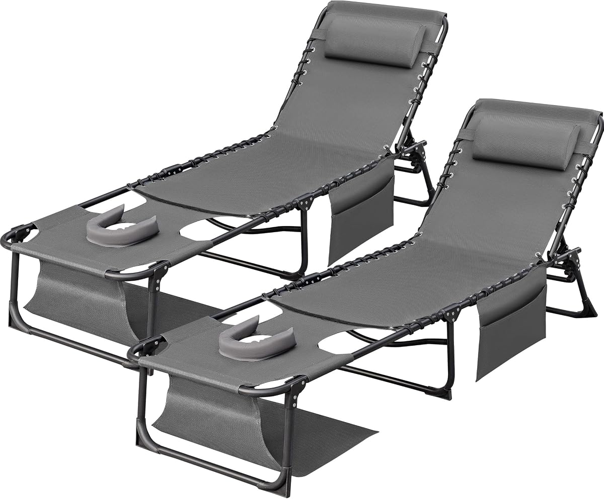 Paquete de 2 sillas de bronceado Devoko, sillón de playa con orificio facial, gris | Diseño de orificio facial, resistente, chaise portátil, para exteriores, playa, piscina, camping, uso de patio