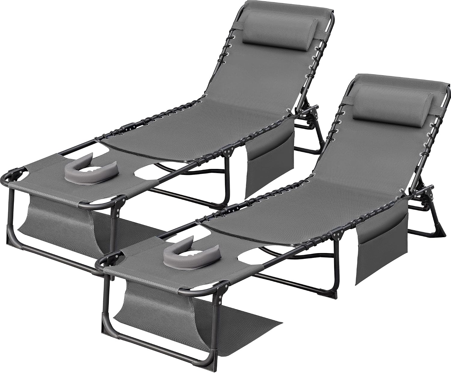 Devoko 2 Pack Beach Lounge Chair, Outdoor Sun Tanning Chair with Face Hole, Heavy Duty Folding Portable Lay Chaise Lounge Chairs for Outside Beach Pool Camping Patio, Grey