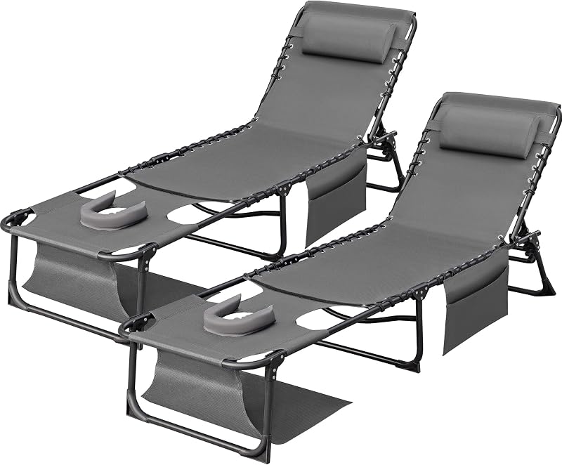 Paquete de 2 sillas de bronceado Devoko, sillón de playa con orificio facial, gris | Diseño de orificio facial, resistente, chaise portátil, para exteriores, playa, pileta, camping, uso de patio
