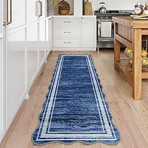 GarveeHome Washable Runner Rug 2x6 for Hallway Scalloped Kitchen Rugs, Non Skid Stain-Resistant Solid Bordered Rug Soft Scalloped Carpet Runners for Entryway Bathroom Laundry Room Bedside (Blue,2x6ft)