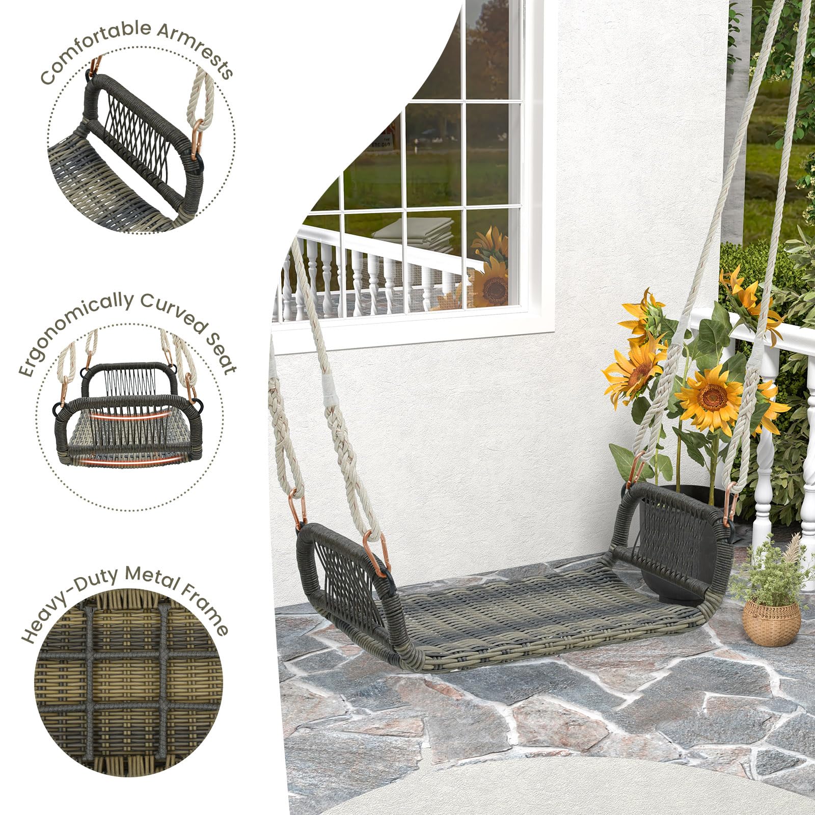 LIFEZEAL Outdoor Schaukel, hängeschaukel aus PE-Rattan & Metall, Hängesitz mit Armlehnen, Gartenschaukel mit 2 Seilen für Veranda, Baum, bis zu 180 kg