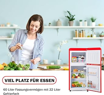 drixno retro refrigerator red freezer combination. 86.8 cm high 45.5 cm wide 2-door with 60 liter total volume 22 liter freezer volume. 163 kwh / year27 ° c 13 ° c led light [energy class e]