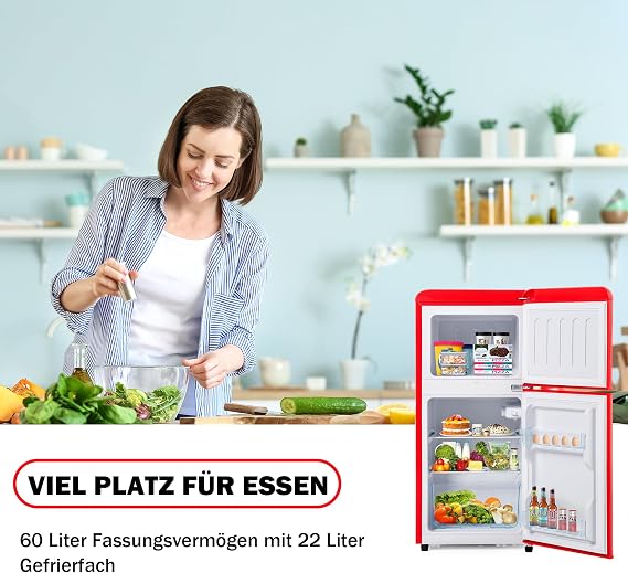drixno retro refrigerator red freezer combination. 86.8 cm high 45.5 cm wide 2-door with 60 liter total volume 22 liter freezer volume. 163 kwh / year27 ° c 13 ° c led light [energy class e]
