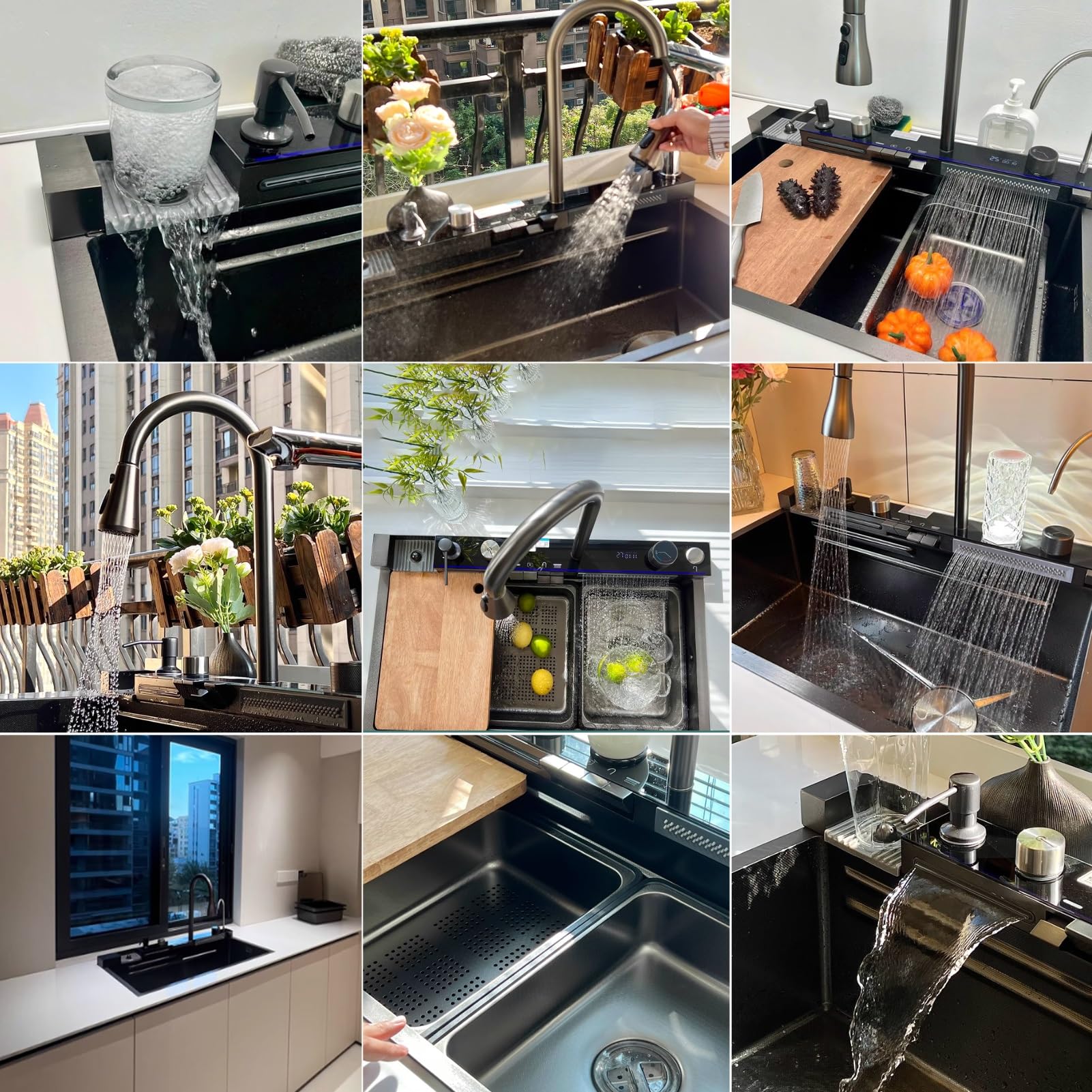 Fregadero De Cocina De Acero Inoxidable Con Grifo De Cascada Digital – Fregadero De Una Sola Cubeta De Montaje Superior, Grifo Extraíble Multifuncional, Dispensador De Jabón Y Juego(Black-Grey#2,68x45