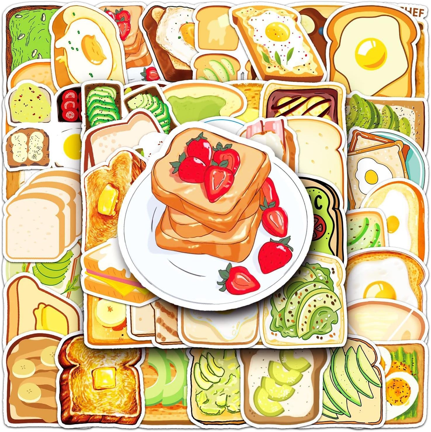 50Pcs Toast Bread Stickers for Water Bottles,Kids Cartoon Delicious Green Food Egg Avocado Decals for Laptops,Cute Girls DIY Skateboard Luggage Scrapbook Waterproof Sticker