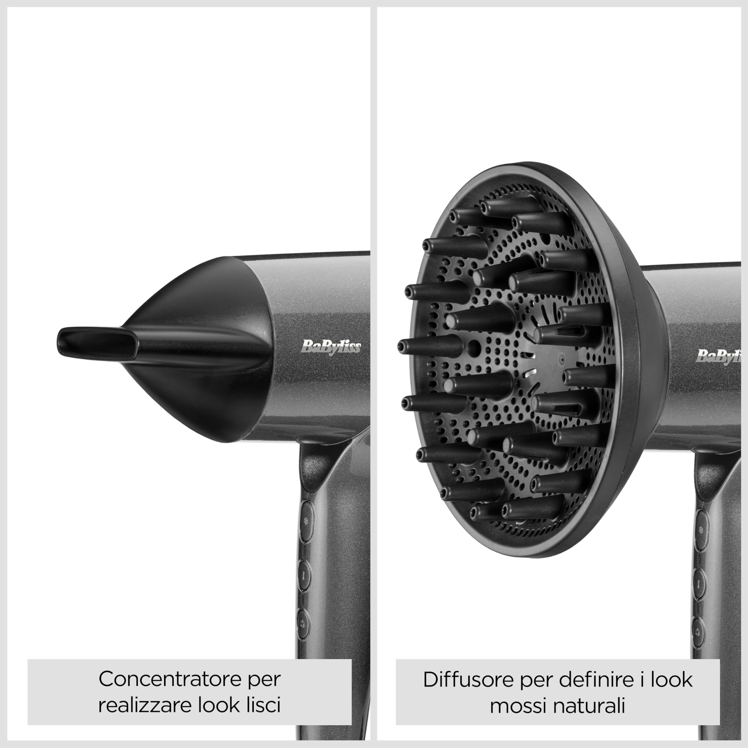 BaByliss Titanium Shine Phon Capelli - Diffusore per Asciugacapelli, Potente e Compatto, Ergonomico, Ionico Anti-Crespo, 3 Impostazioni di Calore e 3 di Velocità, Argento, D6200DE
