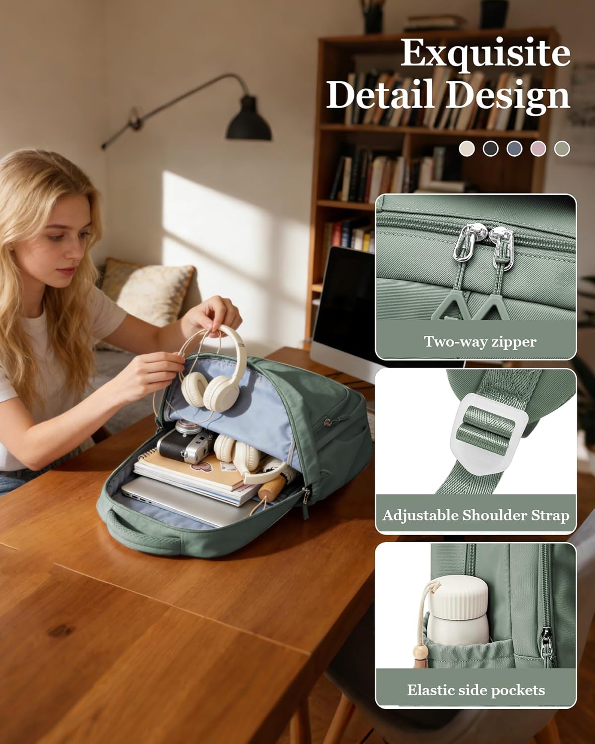 School Backpack for Women Men Cute Backpack for College Students Lightweight High School bag for Teens Girls Boys Waterproof Casual Daypacks Bookbag(Green) - Image 4