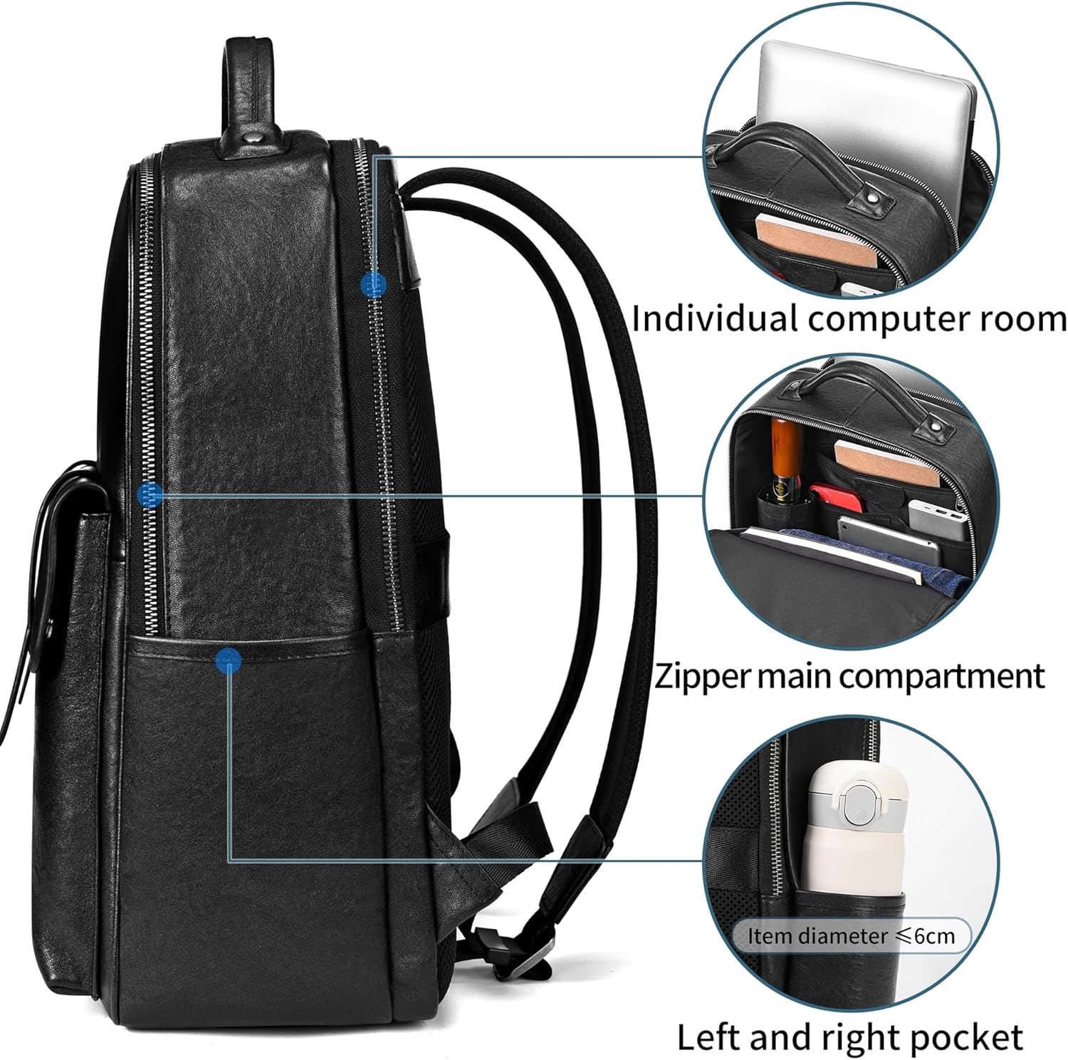 Men's Black Leather Backpack for Work Travel, Durable Genuine Leather Laptop Backpack with 15.6-inch Computer Compartment, Stylish Professional Designer - Image 5