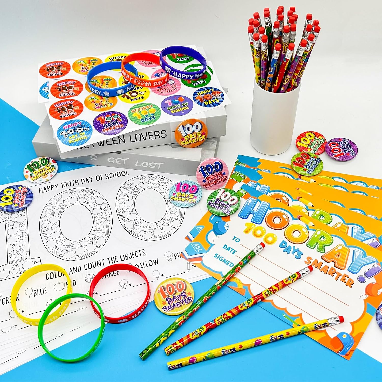Cinrobiye 180 Pcs 100 Days of School Awards Set,Happy 100th Day Certificate of Award Rubber Bracelets Wristbands Coloring Posters Pencils 100 Days Smarter Badges Pins Stickers for School Party image 3