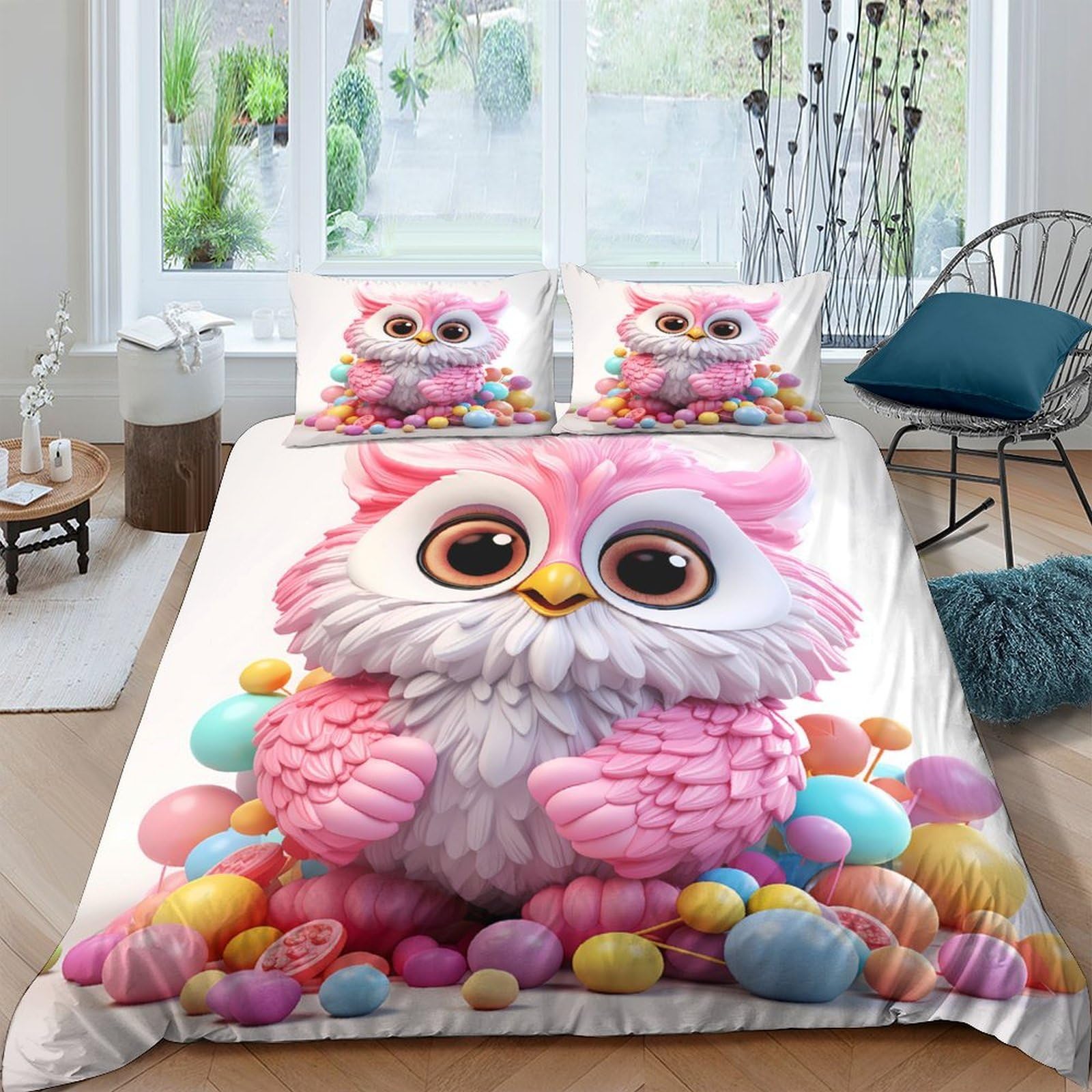 Ctjqhvkz Style-1 3D Printed Pink Cartoon Owl Fitted Sheet Microfiber Soft Colorful Egg Mattress Cover Bedroom Dorm Decor Single（135X200cm）